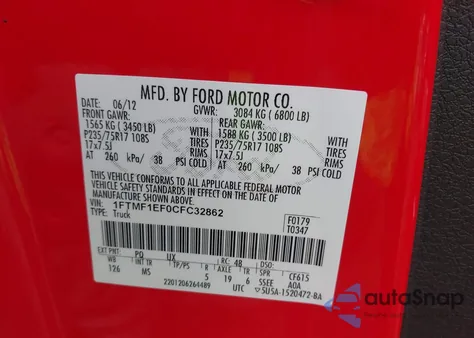 2012 Ford F-150 Xlt from USA, damaged, VIN 1FTMF1EF0CFC32862